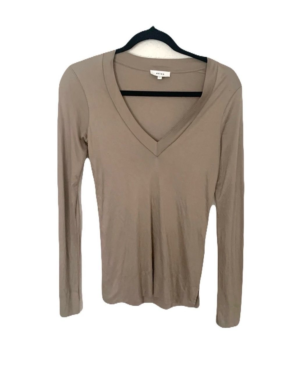 Reiss Womens XS Taupe Viscose Selena V Neck Long Sleeve Elevated Basic Top